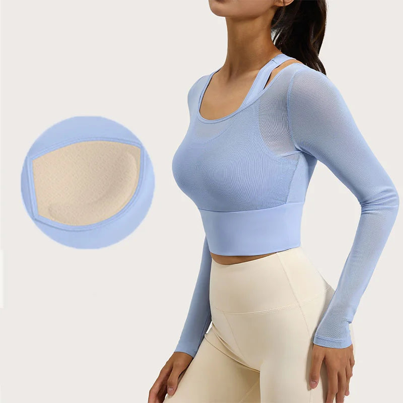 Women's Long-Sleeve Mesh Gym Crop Top with Padded Bra