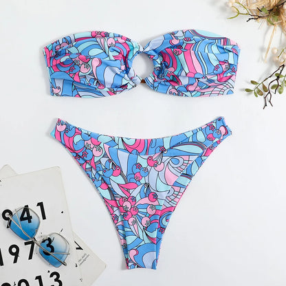 Floral Bikinis Bandeau Swimsuit for Woman Female Swimwear Women Thong Bikini Set Summer Swim Beach Wear Bathing Suits