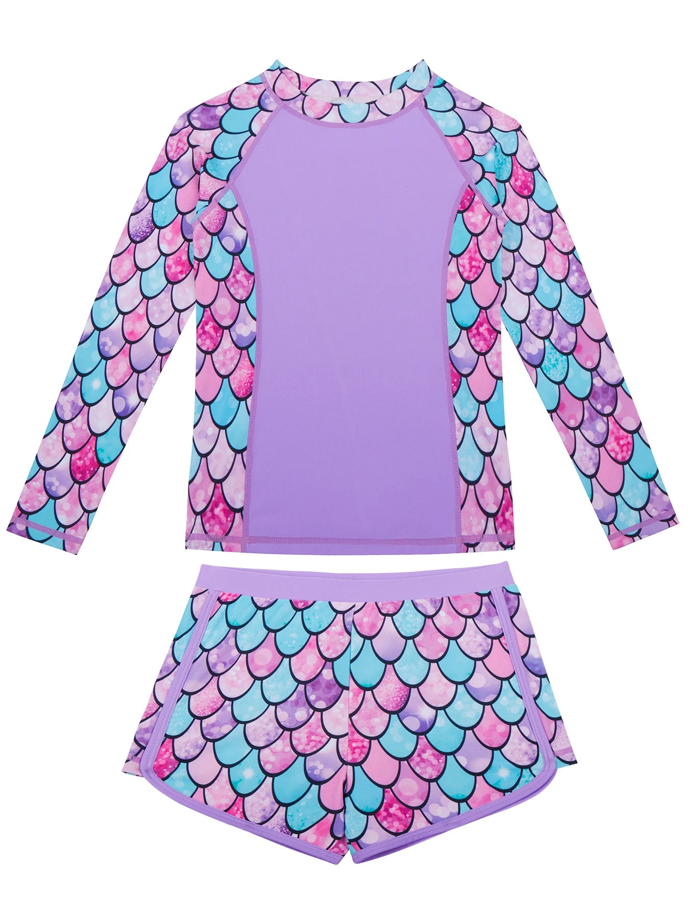 2-Piece Swimwear Kids Girl Long-Sleeved Swimsuit Scale Print Swimming Suit Beach Pool Tops & Boyleg Swim Shorts Summer Pink Sets