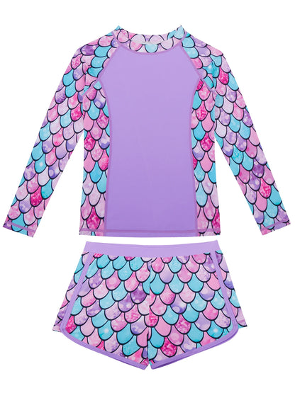 2-Piece Swimwear Kids Girl Long-Sleeved Swimsuit Scale Print Swimming Suit Beach Pool Tops & Boyleg Swim Shorts Summer Pink Sets