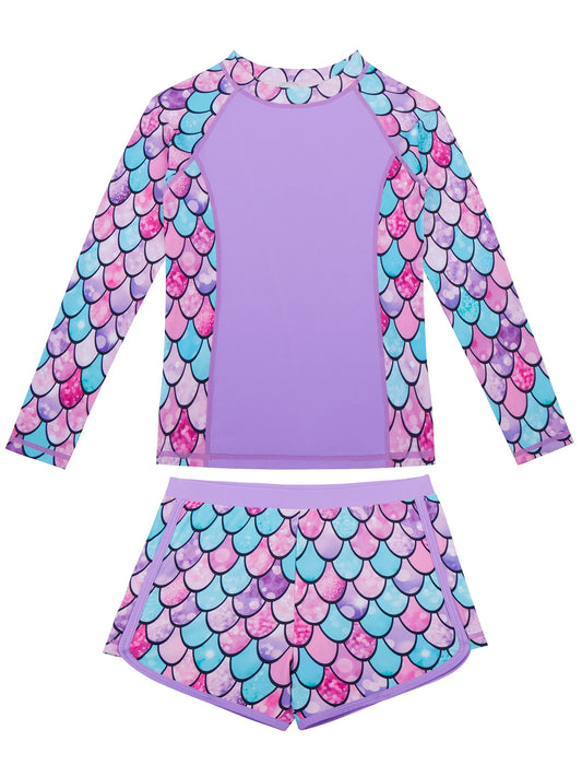 2-Piece Swimwear Kids Girl Long-Sleeved Swimsuit Scale Print Swimming Suit Beach Pool Tops & Boyleg Swim Shorts Summer Pink Sets