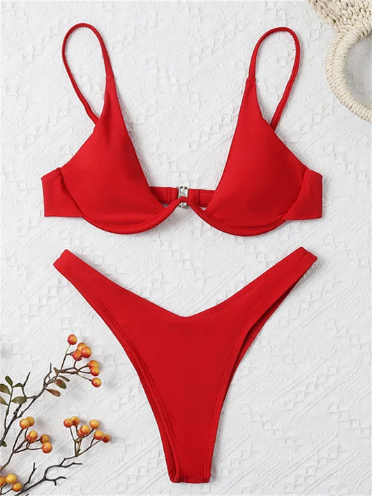 Bikini Women Solid Red Push Up Bra Thong Swimsuit Haler V Neck Bathing Suit Mini Micro Thong Swimwear