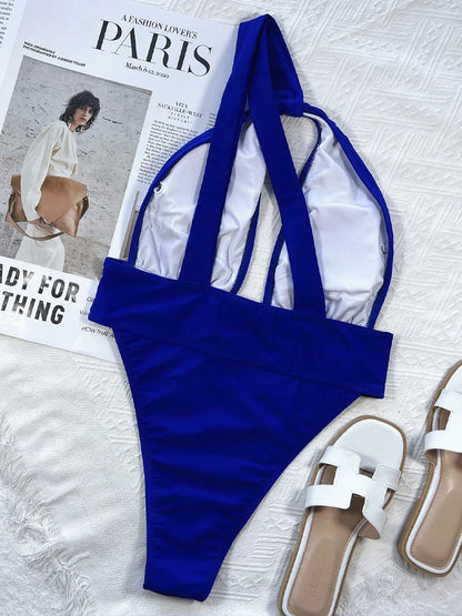 Blue Hollow One Shoulder Swimwear Women High Waist Cut One Piece Swimsuit Monokini Backless Bathing Suit