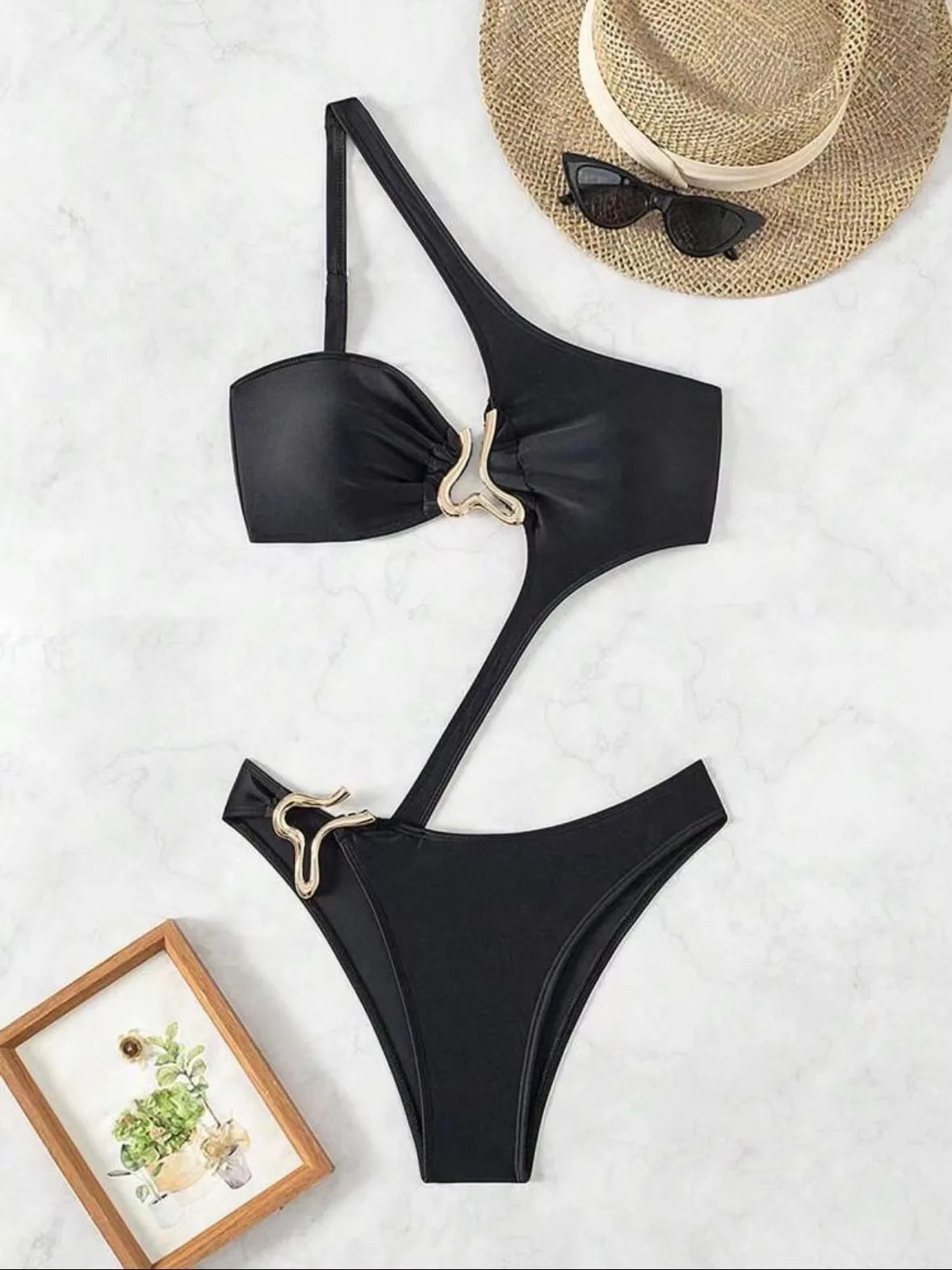 Black or Blue Bikini one-piece solid color one shoulder gold clip swimsuit bathers