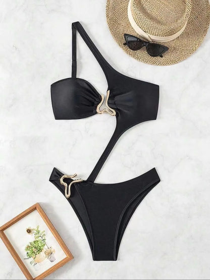 Black or Blue Bikini one-piece solid color one shoulder gold clip swimsuit bathers