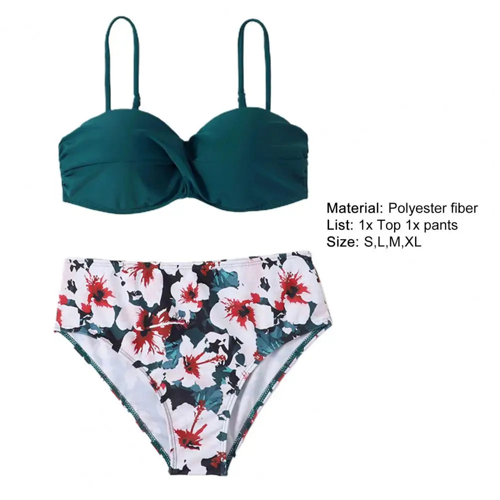 Women Bikini Set Solid Color Underwire Padded Push-Up Split Bikini Bra Print High Waist Bottoms Swimsuit Women Bathing Suit