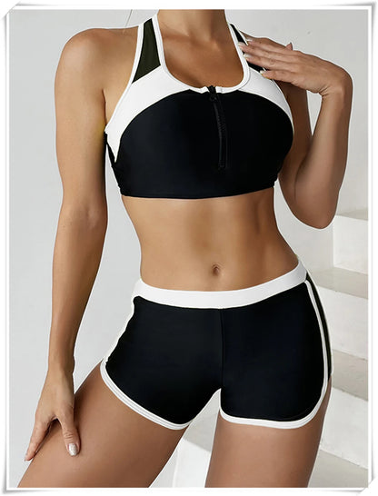 Two Piece Swimsuit Women Zipper Tankini Set High Waist Shorts Swimwear Female Bathing Swimming Suit Sports Beachwear Summer