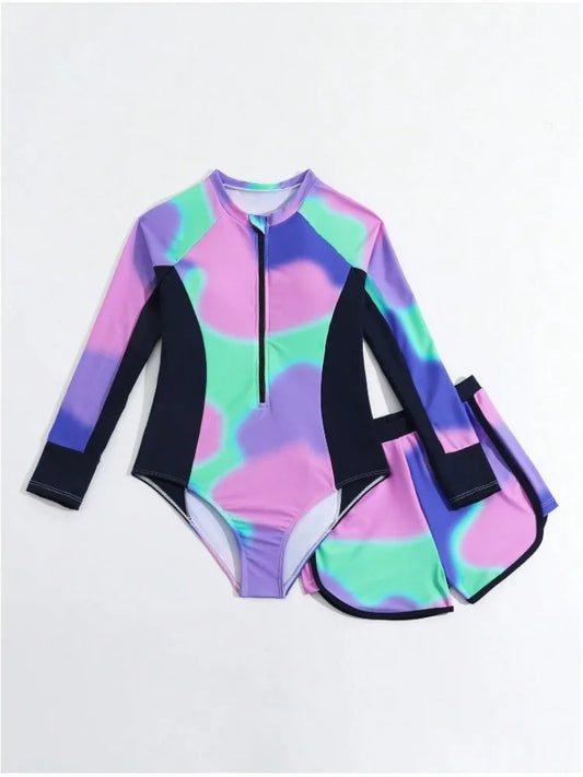 Purple Girls One Piece Swimsuit 8-12 Year Kids Swim Suit Teenage Children's Swimwear Sunscreen Beach Bathing Suits Shorts