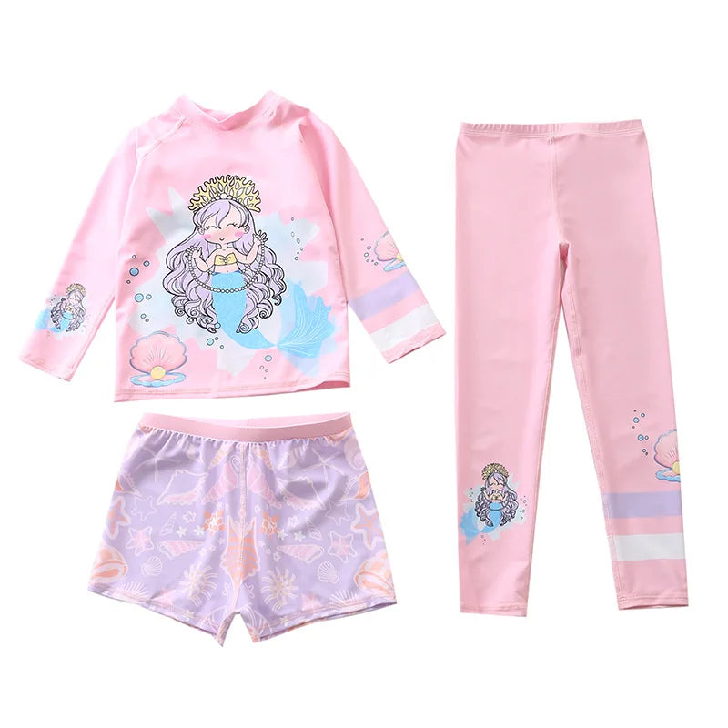 Kids Swimsuit for Girls Unicorn Long Sleeve Children's Swimwear + Surf Pants + Swimming Trunks Rash Guard Bathing Suit Child