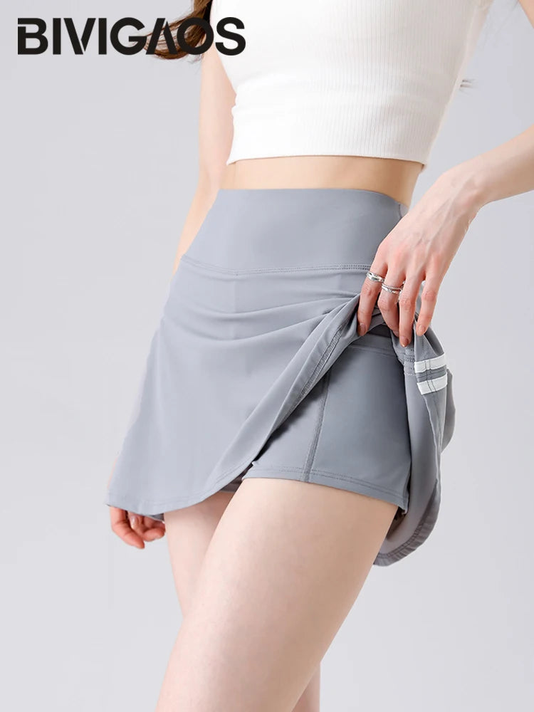 Double Stripe Sport Tennis Short Skirts Women Fake Two Piece Stretch Running Fitness Golf A-line Yoga Mini Skirt