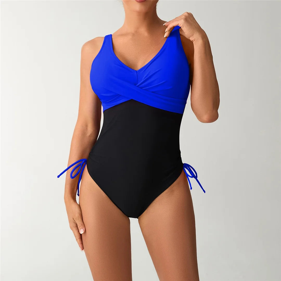 S - XXL Splicing V Neck Backless Women Swimwear One Piece Swimsuit Female High Leg Cut Padded Bather Bathing Suit Swim