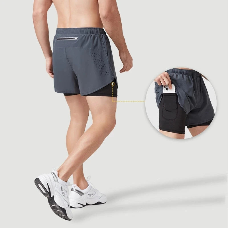 Men's Running Shorts Quick-drying Fitness Black Double Layer Shorts Men Sport Workout Training Bodybuilding Short Pants