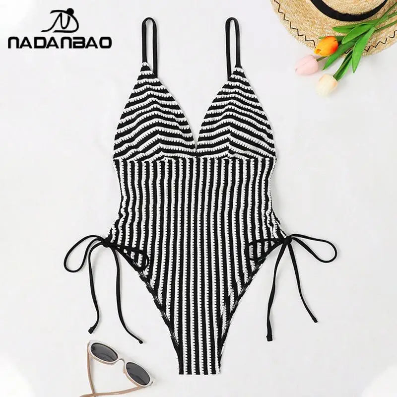 Swimsuits Women Stripe Printing One-Piece Swimsuit Swimwear Female Backless Fashion Beach Party Bikini