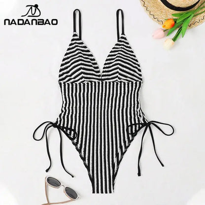 Swimsuits Women Stripe Printing One-Piece Swimsuit Swimwear Female Backless Fashion Beach Party Bikini