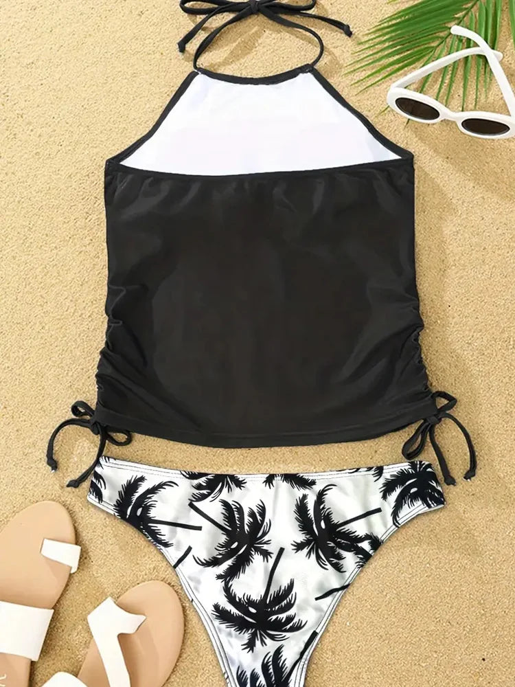 Solid Print Tankini Set Tied Halter Swimsuit Women Swimwear Biquinis Summer Backless Beach Bathing Suit