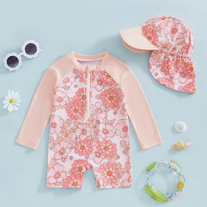 Toddler Girl Long Sleeve Swimsuit Floral/Flamingo Print Half Zipper Non-Pilling Rash Guard Swimwear Sunhat Set
