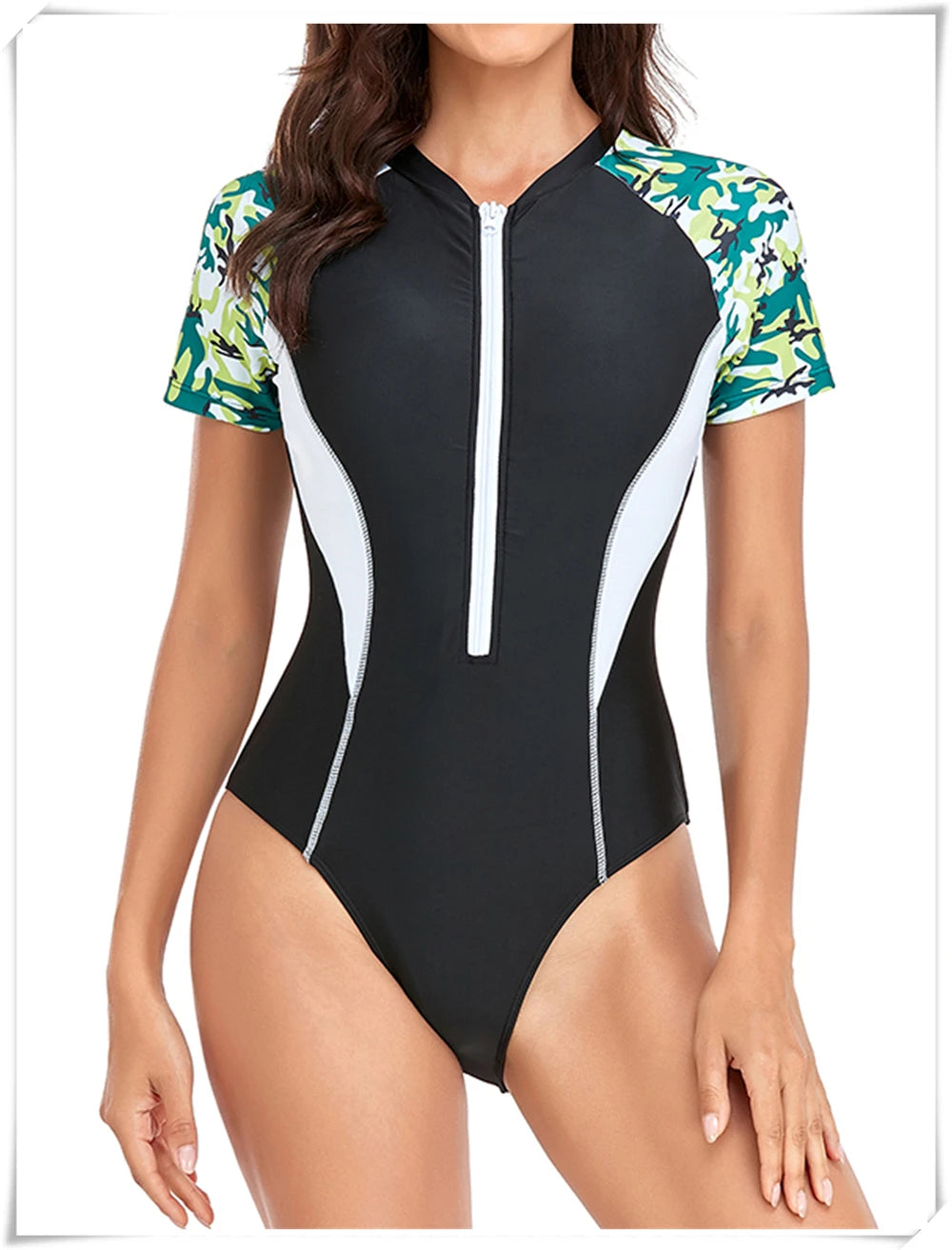 Short Sleeve Zipper One Piece Swimsuit Zebra Print Swimwear Women Diving Clothes Surfing Beachwear Bathing Swimming Suit
