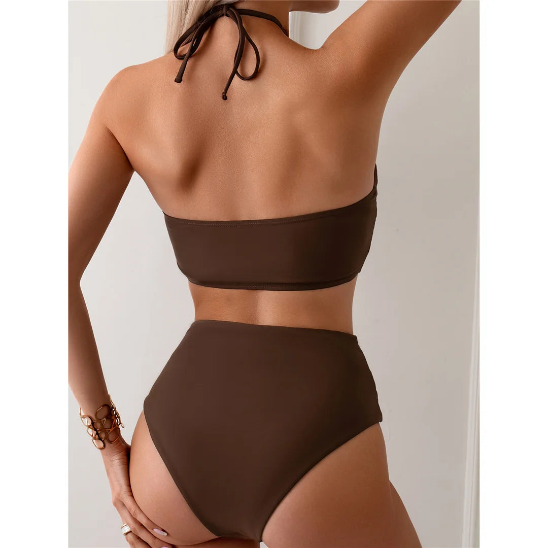 Halter Wrinkled High Neck Female Swimsuit High Waist Bikini Women Swimwear Two-pieces Bikini set Bather Bathing Suit Swim