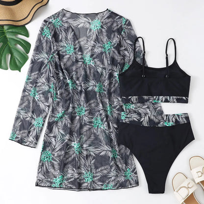 Three Pieces Bikini Set Cover Up Swimwear High Waisted Bikini Set Women's Swimwear Print  For Female Bath Suit Tropical