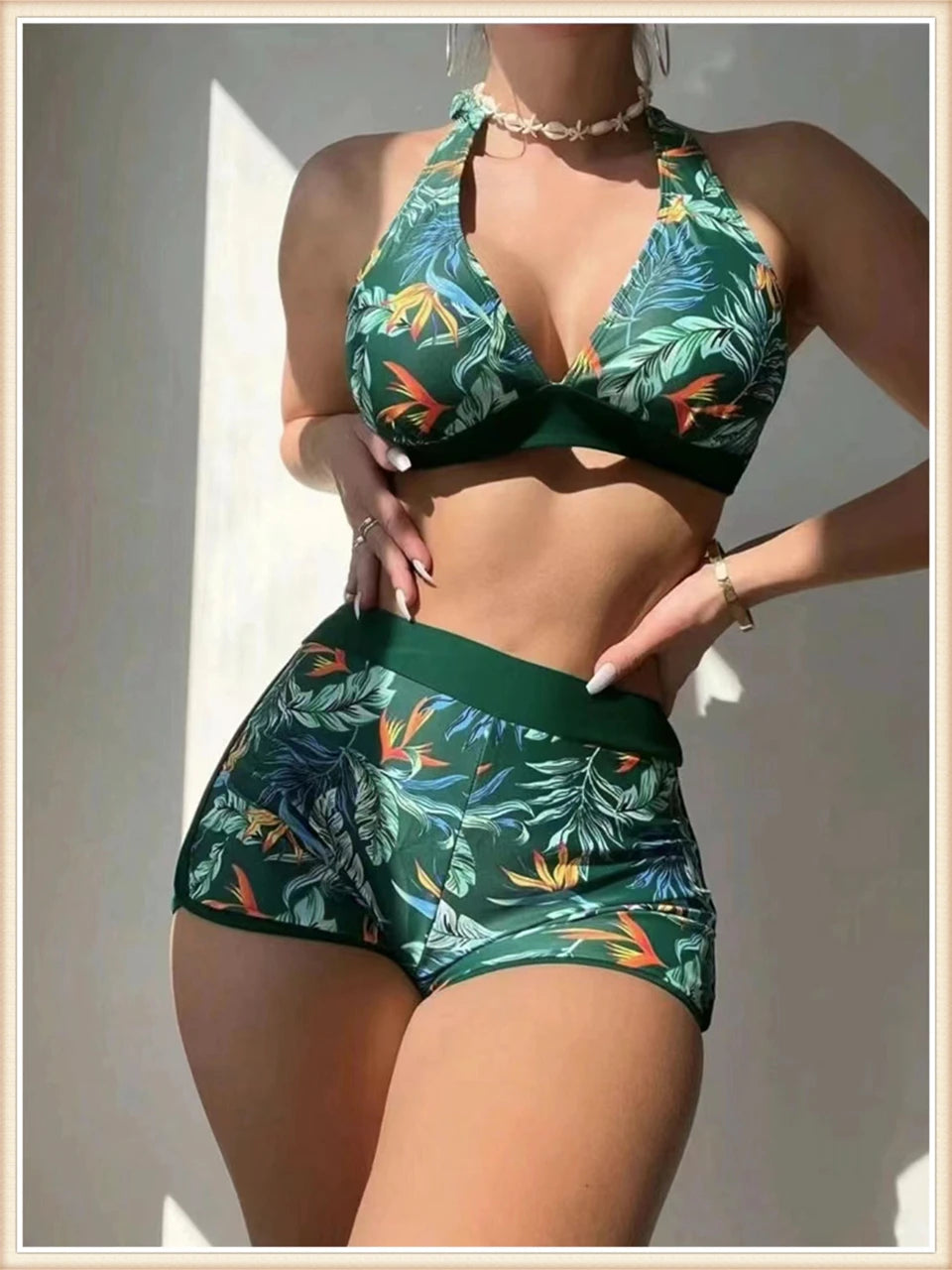 Halter Bikini Women High Waist Swimwear Female Swimsuit Leaf Printed Beachwear Bathing Swimming Suit Summer Beachwear
