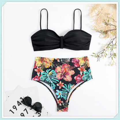 Solid Bandeau Bikini Set Women Tropical Printed Swimwear Female Push Up Swimsuit High Waist Bathing Suit Tie Back Beachwear