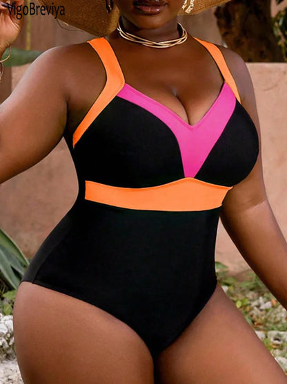 Solid Patchwork Plus Size Swimwear Women Strapped Curvy One Piece Swimsuit Lady Large Big Bathing Suit