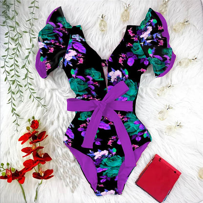 Ruffle Print Floral One Piece Strappy With Belt Swimwear Women Swimsuit Bathing Suit Backless Beachwear Monkini