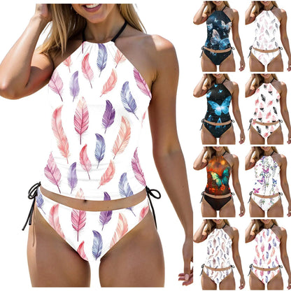 Women's Butterfly Print Tankini Swimsuit Conservative Backless Hanging Neck Cover Tummy Tops Mid Waist Drawstring Swim Shorts