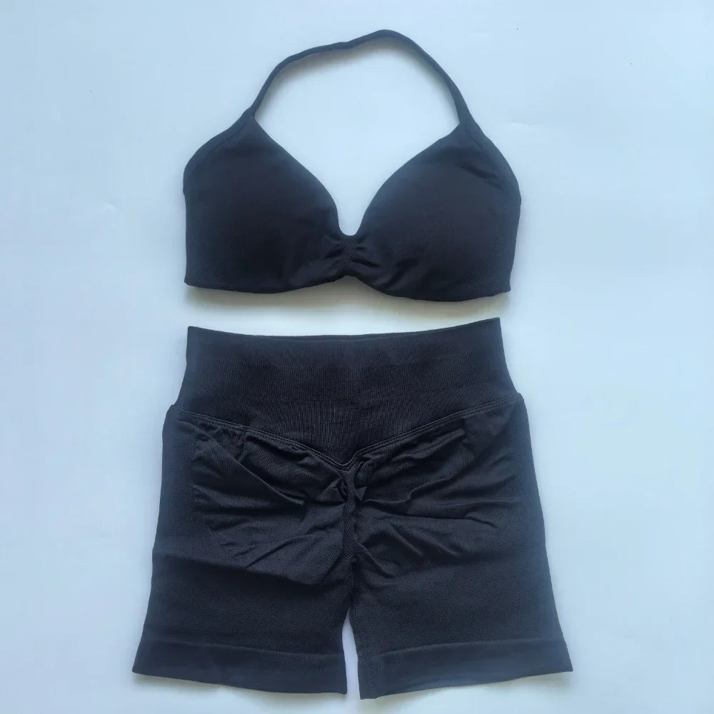 2PCS Gym Set Women Strappy Yoga Bra Top High Waist Workout Scrunch Shorts Sports Suit Seamless Yoga Set Fitness Clothes