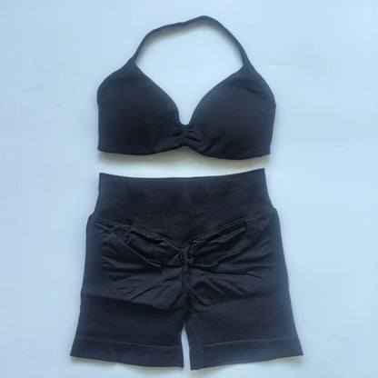 2PCS Gym Set Women Strappy Yoga Bra Top High Waist Workout Scrunch Shorts Sports Suit Seamless Yoga Set Fitness Clothes