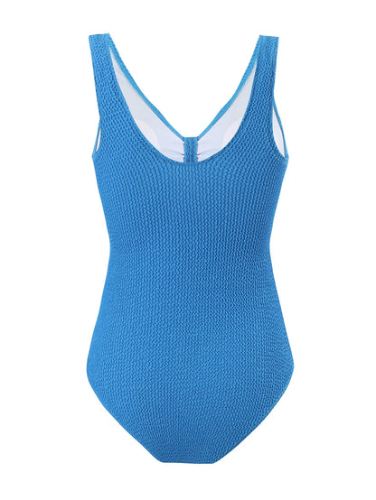 Scoop Neck One Piece Swimsuit Woman Backless Bodysuit Crinkle Swimwear Beach Wear Blue Bathing Suits Ladies Holiday Summer