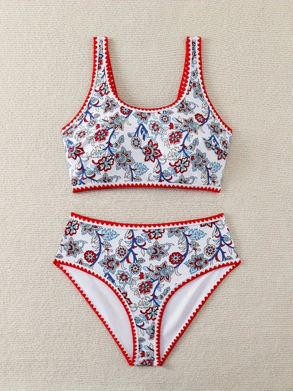 Strappy Stitch Detail Bikinis Triangle Swimwear Female Printed Swimsuit Women Bathers Bathing Swimming Suit Beachwear