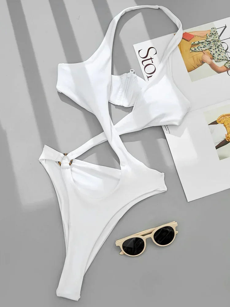 High Cut Out Halter Female Swimwear One Piece Swimsuit Women Cross Bandage Monokini Bather Bathing Suit Swim Bodysuit