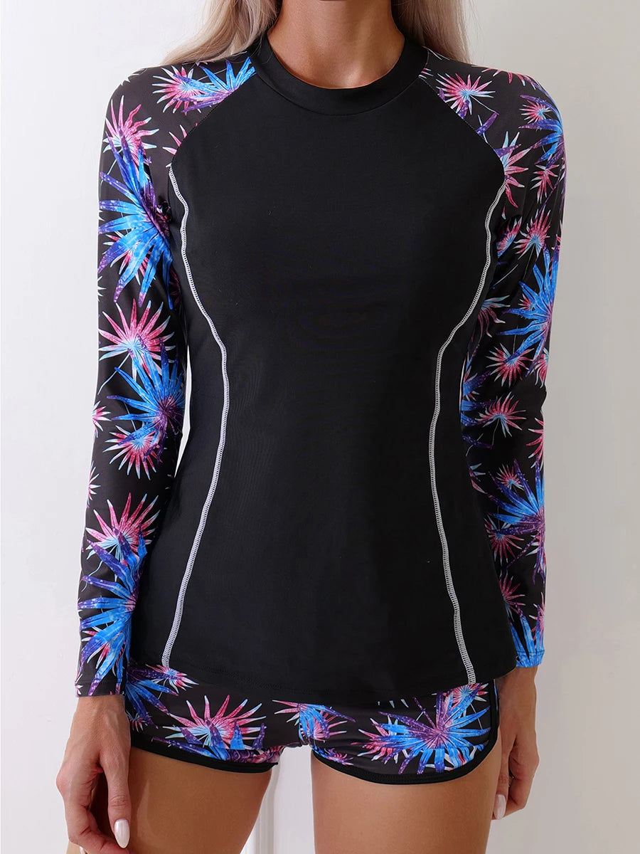 Long Sleeves Surfing Swimsuit Print Swimwear Women Two Pieces Swimming Clothes Beachwear Bathing Swimming Swim Suit