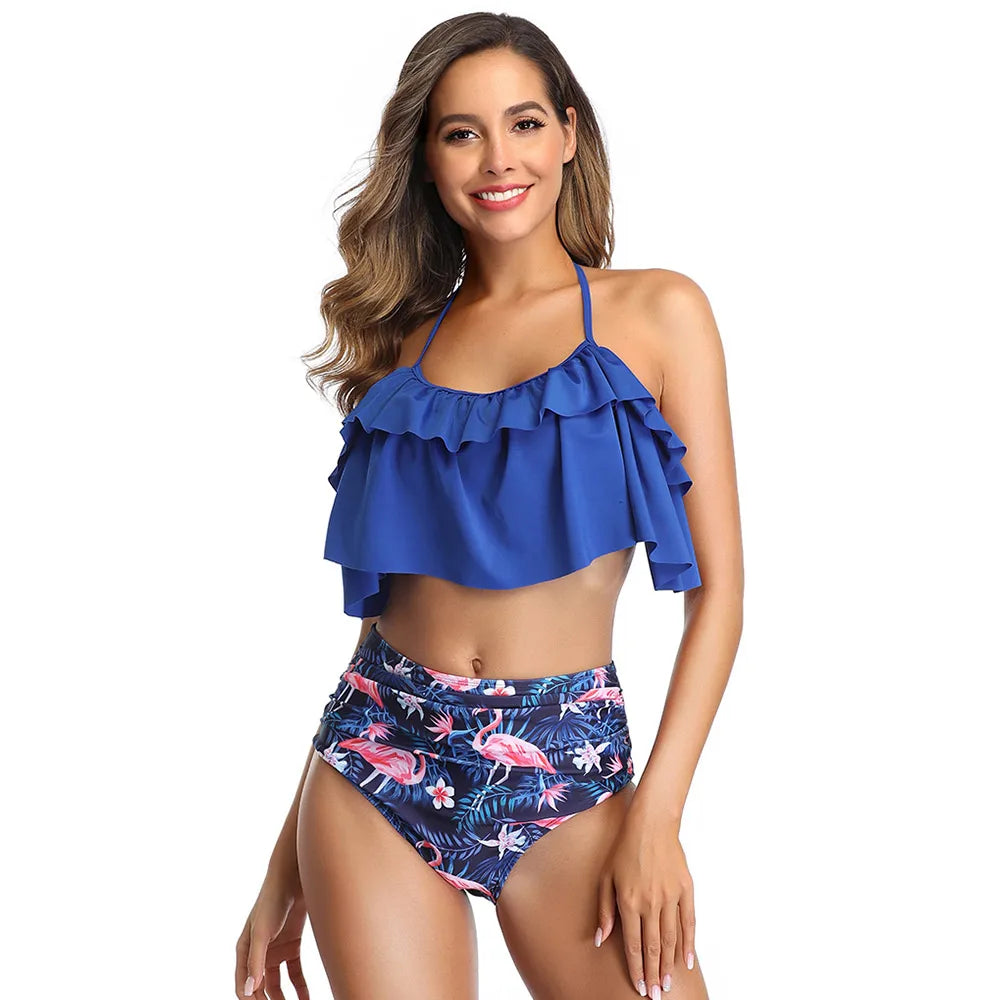 Swimwear Women Halter Ruffle Bikinis High-Waist Split Two-Piece Off Shoulder Swimsuit Pool Beachwear Bathing Suit Plus Size XXL