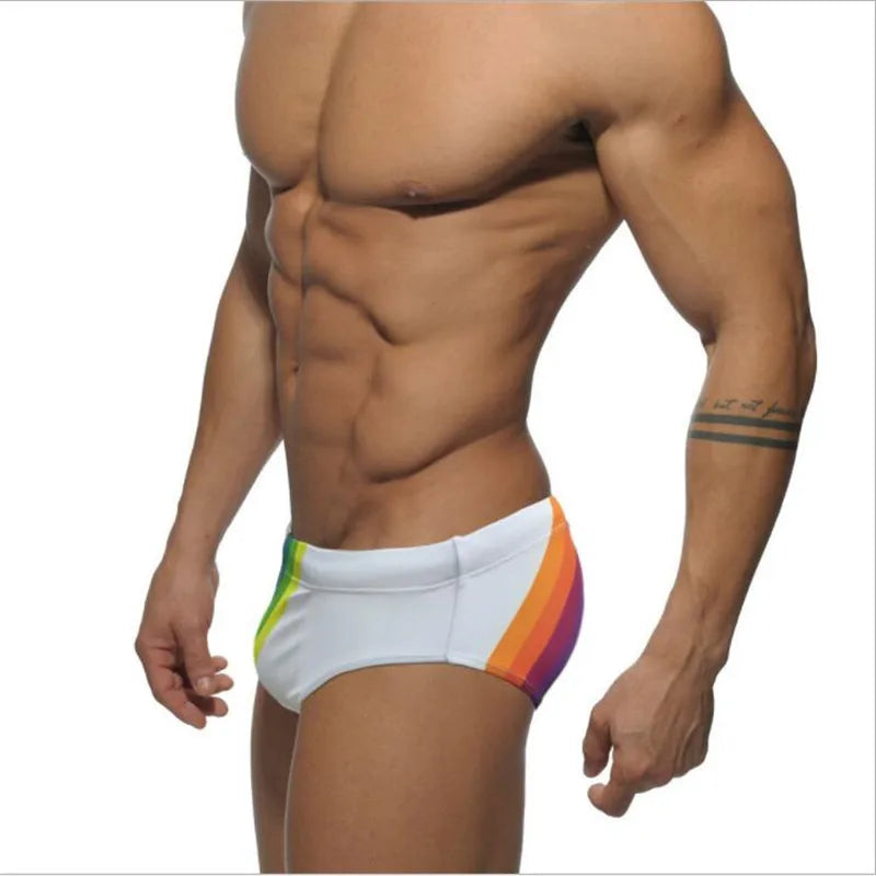 Swimwear Boy Rainbow Print Swimsuit Sexy Swimming Trunks Men's Low Waist Swim Briefs Push Up Cup Beach Shorts Wear