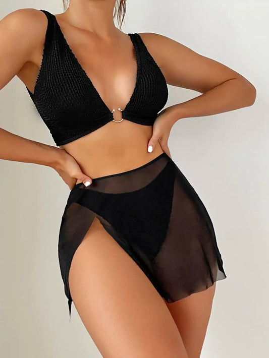 3 Pieces U-ring High Cut Bikini Swimsuit & Split Thigh Beach Skirt Swimwear Women Bathers Bathing Swimming Suit Female