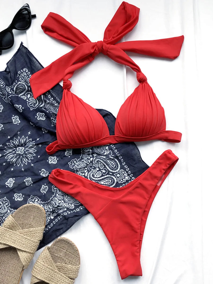 Halter Bra Cup Bikini Swimsuit Female White Swimwear Women Push up Bikini set Brazilian Bathing Suit Bandeau Swim suit