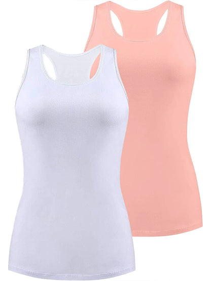 Attraco Women's Camisole 2PCS Cotton Solid with Build-in Shelf Bra Tank Tops U-Neck Soft Breathable Basic Sleepwear