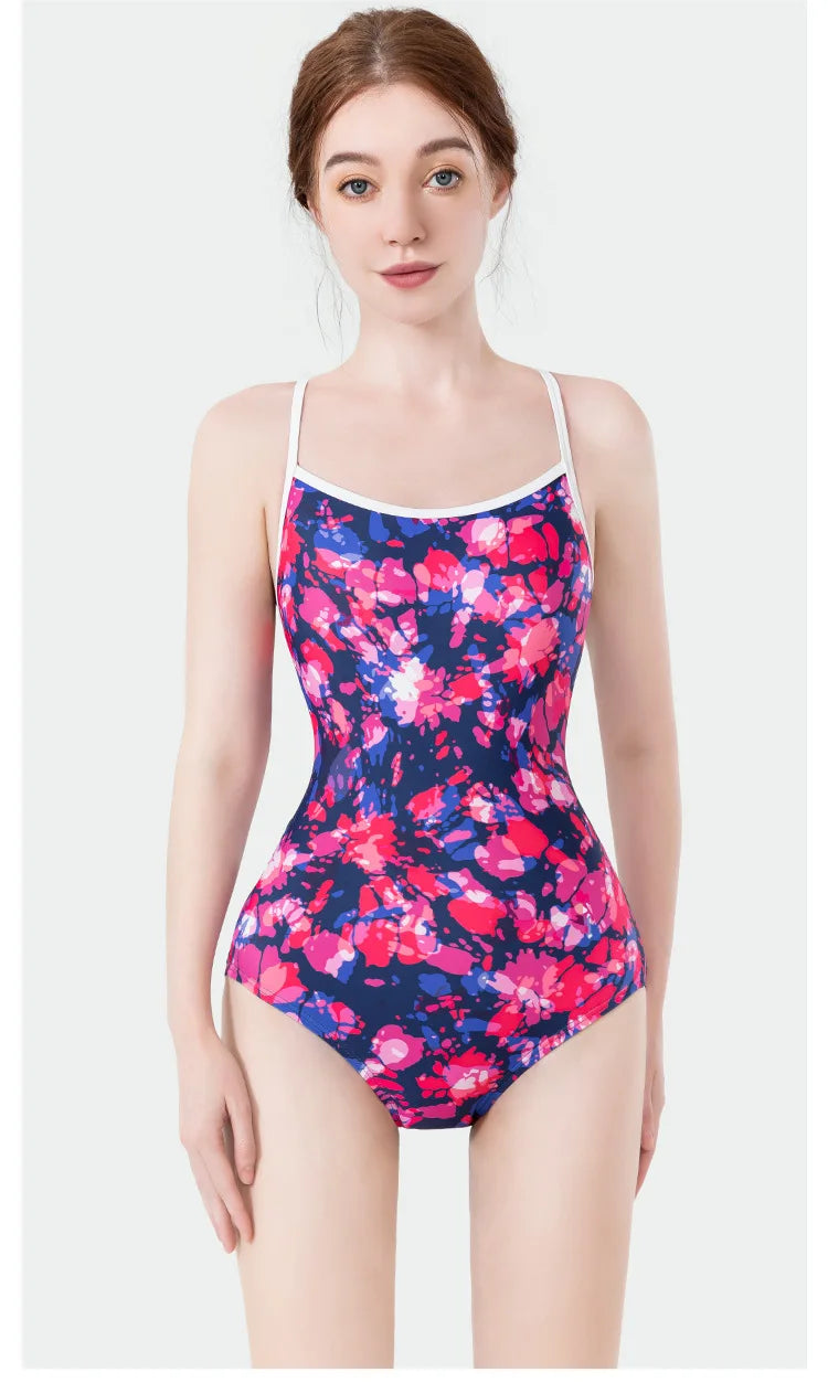 Women Vintage Racing One-piece Swimwear Sun Protection Professional Competition Flower Printed Swimsuit Training Bikini