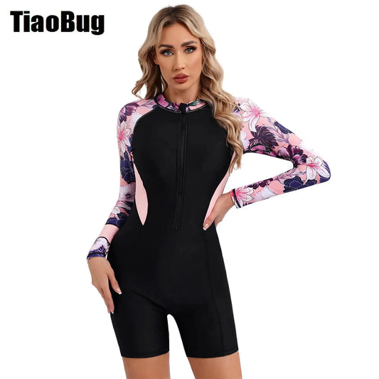 Women Floral Print Athletic Swimsuit Long Sleeve Boyleg Zipper Swimwear UPF 50+ Rash Guard Beach Surfing Wetsuit Bathing Suit