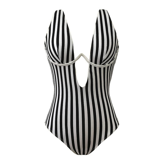 S - XL V shape Wire Striped Women Swimwear One Piece Swimsuit  Female V-bar Underwired Bather Bathing Suit Swim Monokini