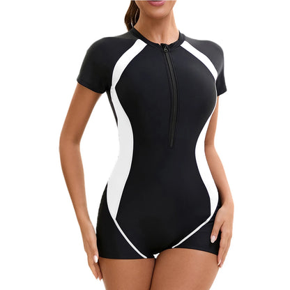 Womens Swim Leotard One-Piece Rash Guard Swimsuit Beachwear Swimwear Romper Front Zipper Jumpsuit Surfing Swimming Bathing Suit