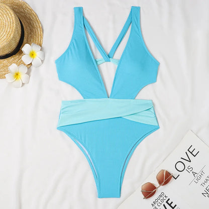 Patchwork Solid Swimwear Women Strapped One Piece Swimsuit Beach Lady Monokini Backless Hollow Bathing Suit