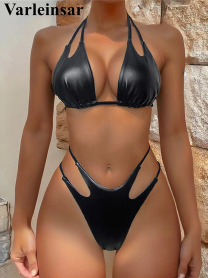 S - XL PU Faux Leather Scrunch Butt Bikini Women Swimwear Female Swimsuit Two-pieces Bikini set Bather Bathing Suit Swim