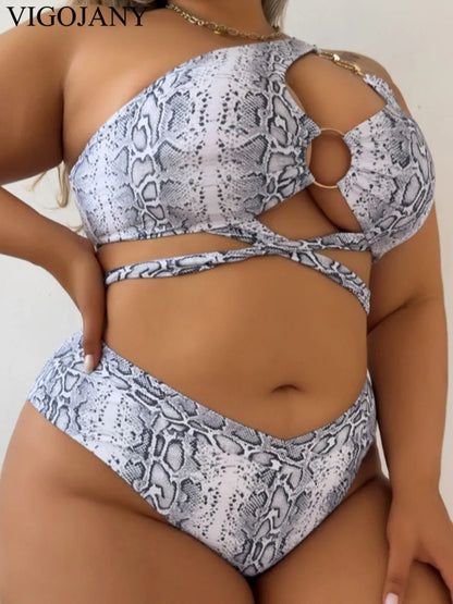 2 Piece Plus Size Bikini Women One Shoulder Swimsuit Cross Hollow Swimwear Brazilian Lady Bathing Suit