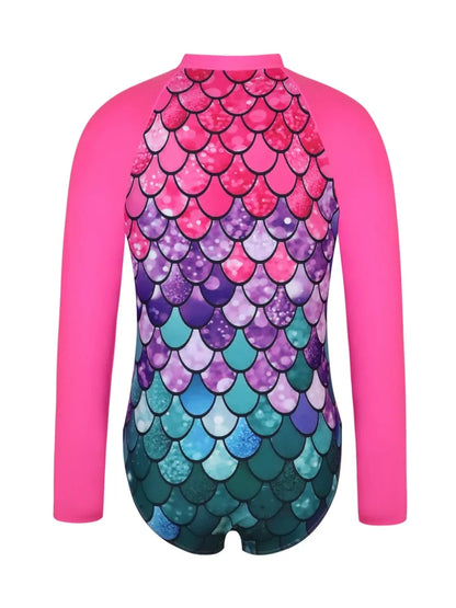 One Piece Girls Swimsuit Solid Print Long Sleeves Zipper Kids Swimwear Bodysuit Children Bathing Suit Beach Wear Summer