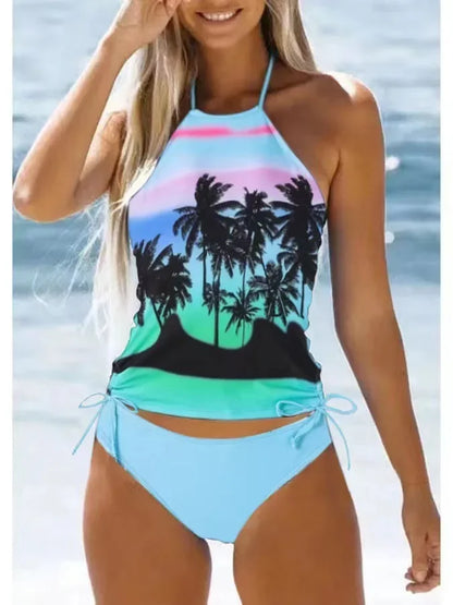 Women's Bathing Suit Coconut Drawstring Side Halter Neck Tankini Set Beach Wear Cute Swimwear Fashion Split Swimsuit