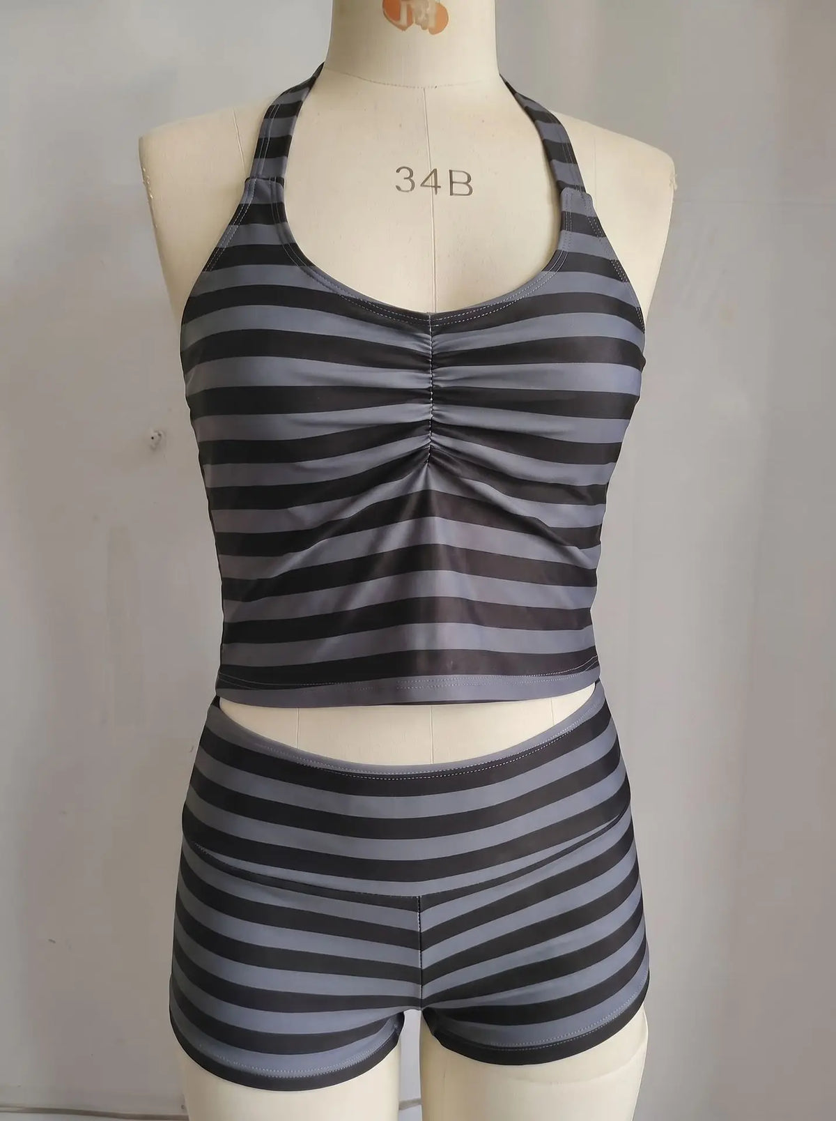 Striped Halter Tankini Set – 2-Piece Ruched Top & Boyshort Swimsuit