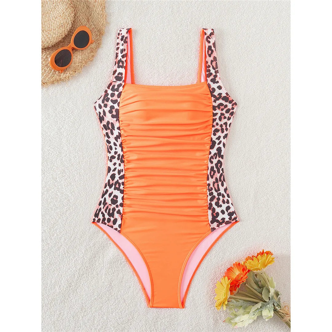 S - XXL 8 Colors Leopard Splicing Women Swimwear One Piece Swimsuit Female Wrinkled High Leg Cut Bather Bathing Suit Swim